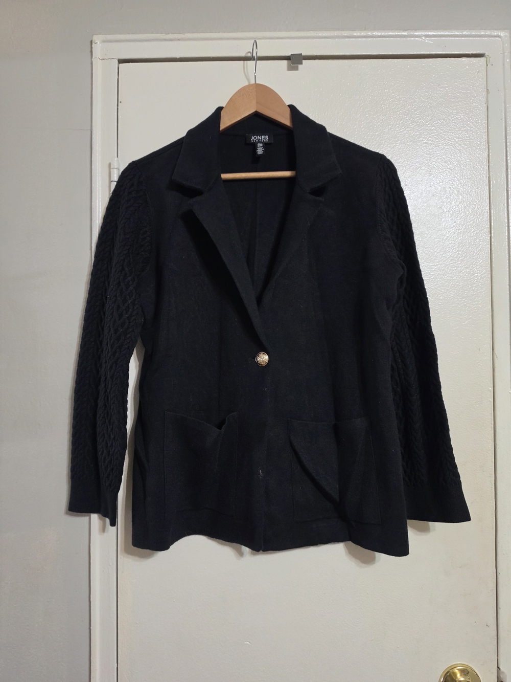Jones New York Black Knit Blazer with Cable-Knit Sleeves